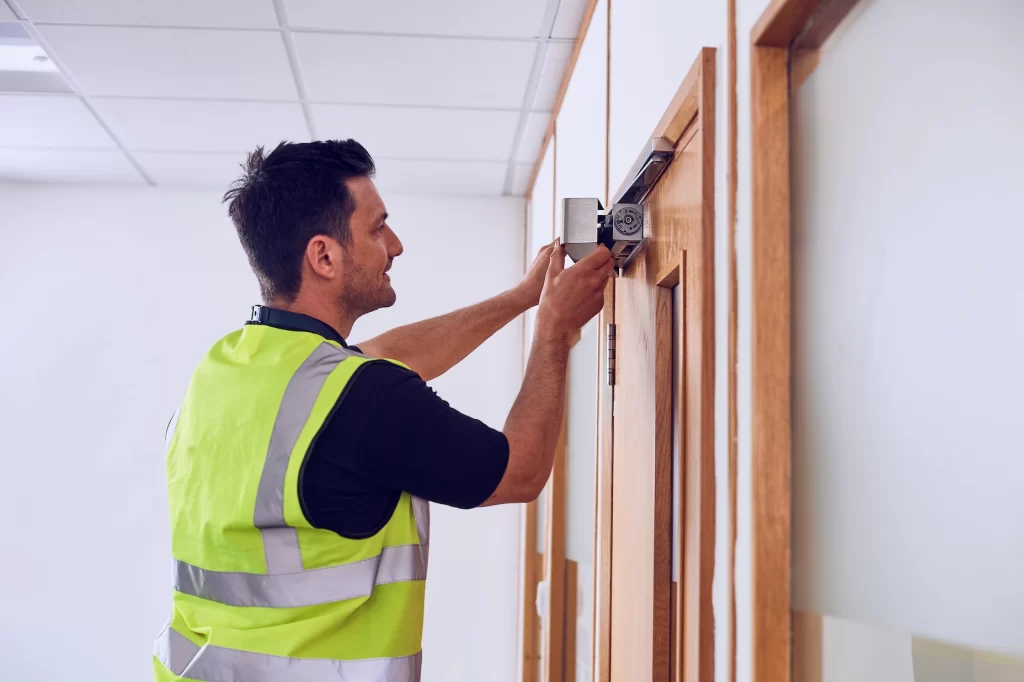Certified technician inspecting and maintaining a commercial fire door during a fire safety training course