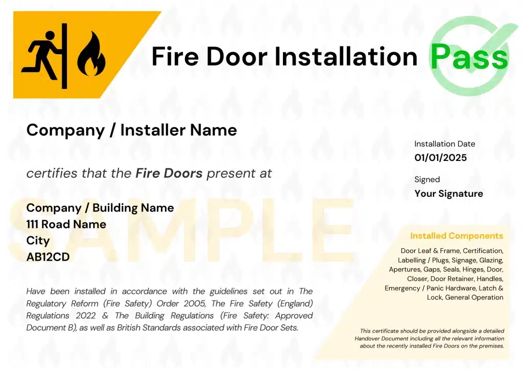 Sample Fire Door Installation Certificate