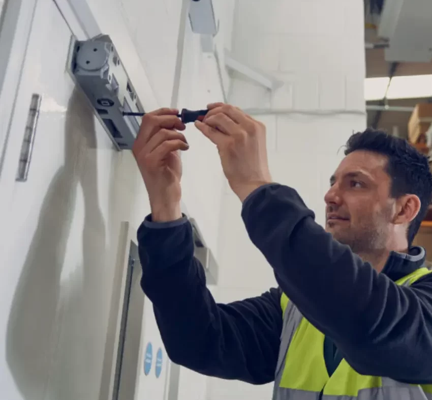 Certified technician inspecting and maintaining a commercial fire door during a fire safety training course