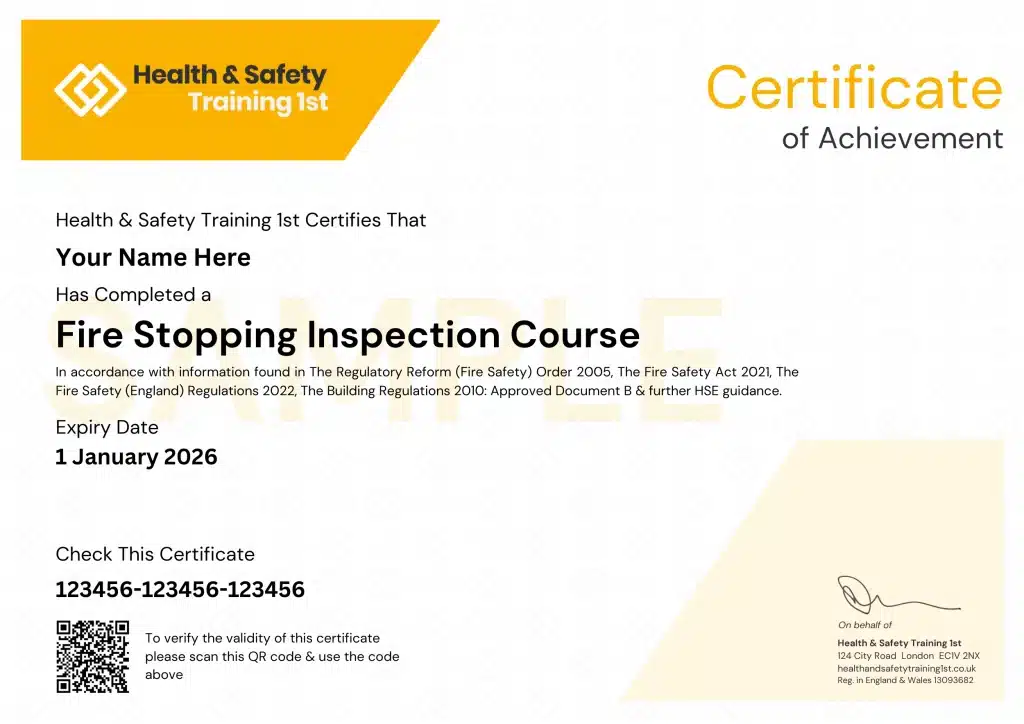 Sample Fire Stopping Inspection Pass Certificate
