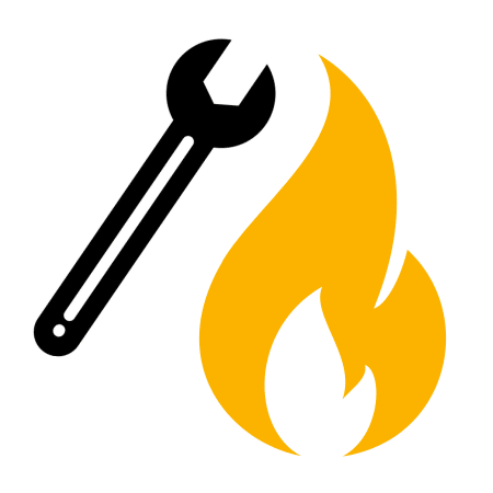 Fire stopping installation mock test icon showing a flame and spanner